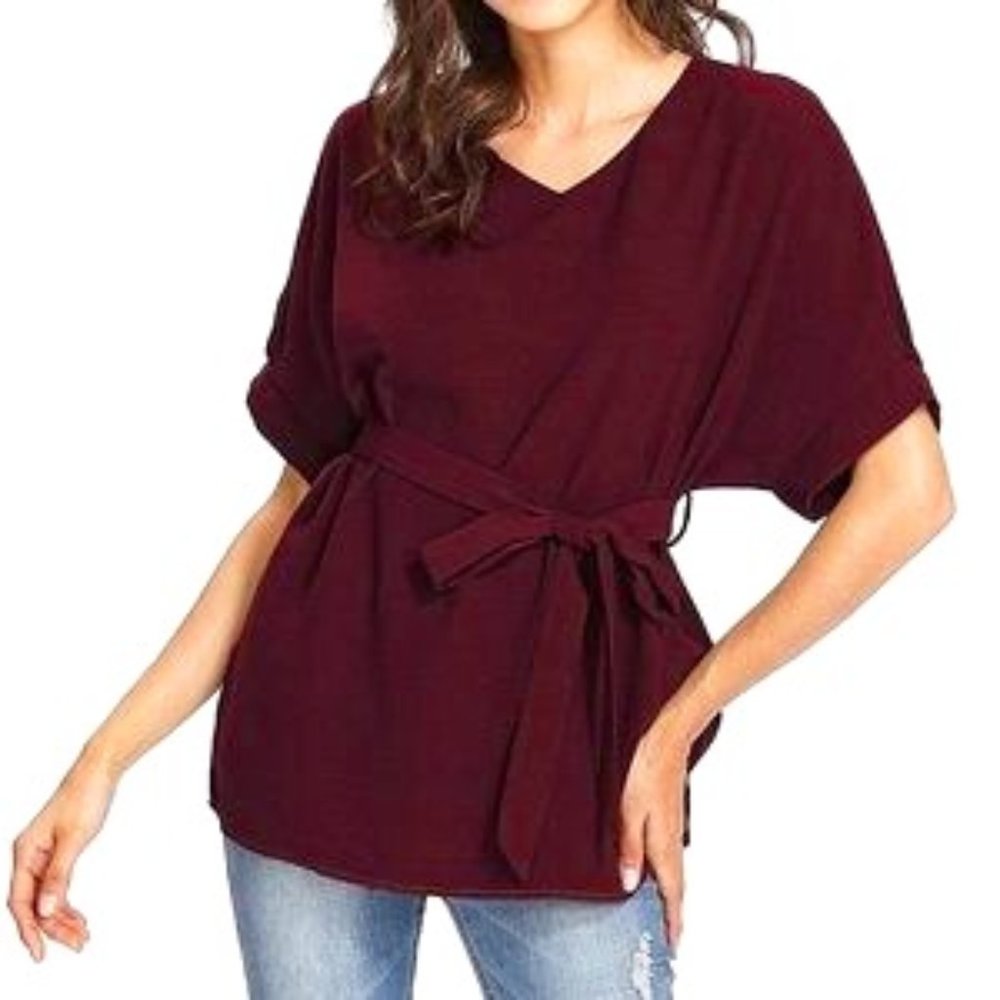 Maroon V-Neck Tie Waist Blouse - Size Medium